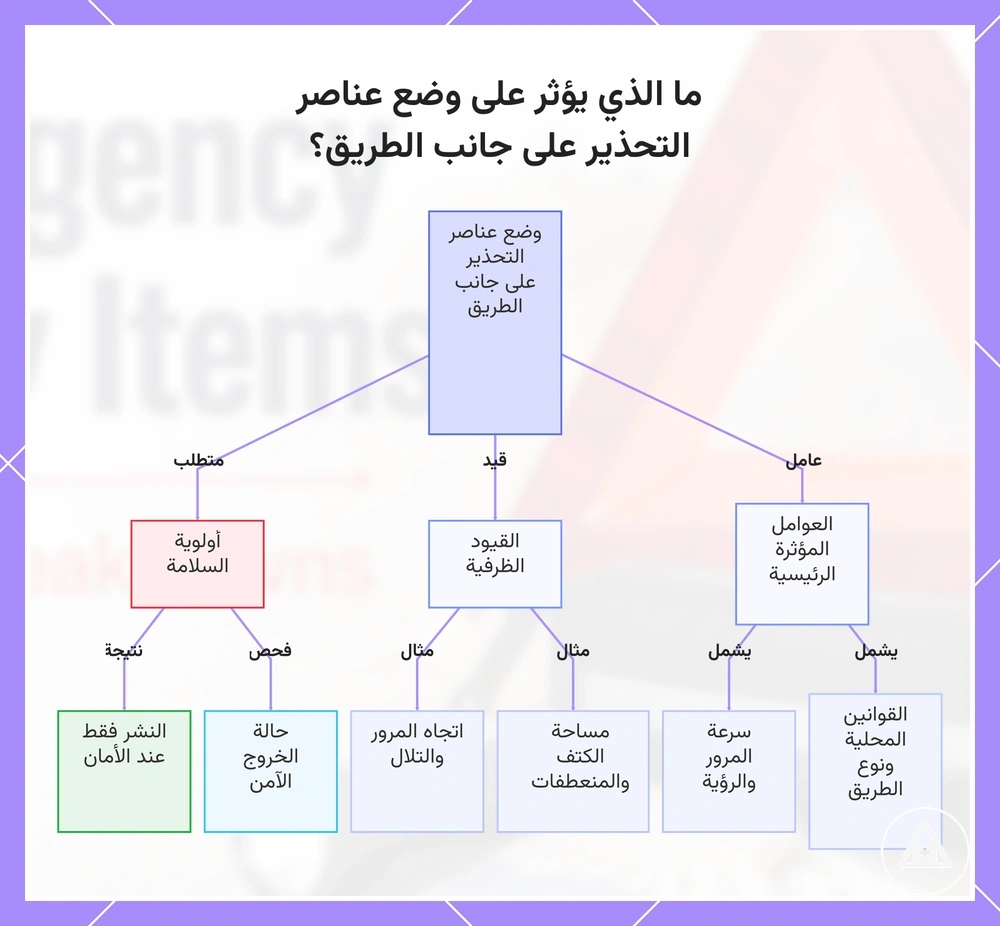 ما الذي يؤثر على وضع عناصر التحذير على جانب الطريق؟