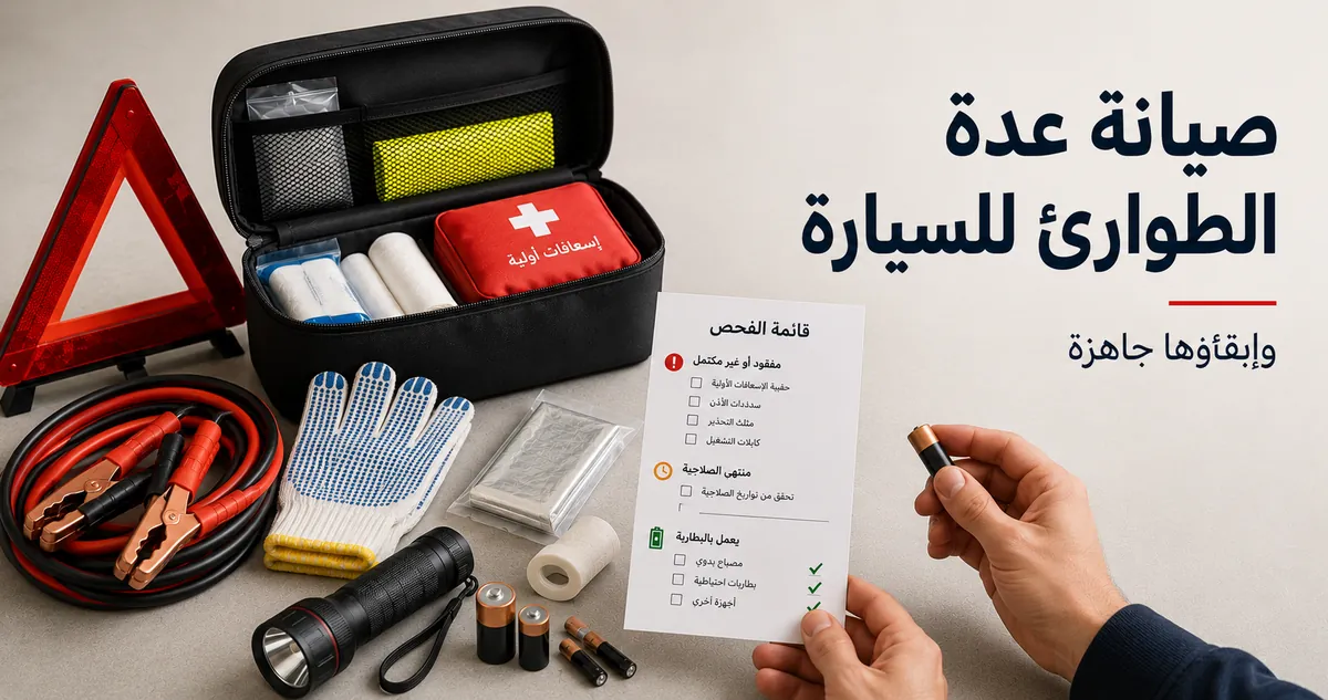 عدة طوارئ للسيارة يتم فحصها بحثا عن أدوات مفقودة أو منتهية الصلاحية أو تعمل بالبطاريات