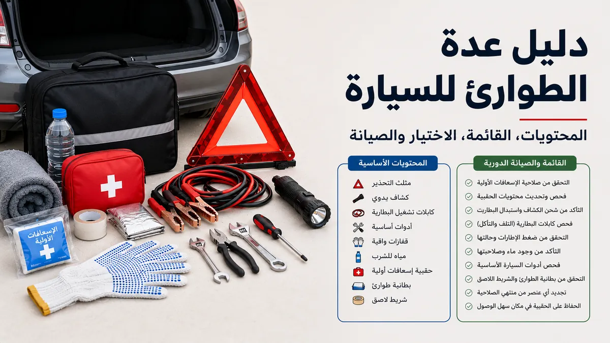 عدة طوارئ للسيارة مرتبة مع أدوات السلامة على الطريق، ومعدات أساسية، ومستلزمات إسعافات أولية