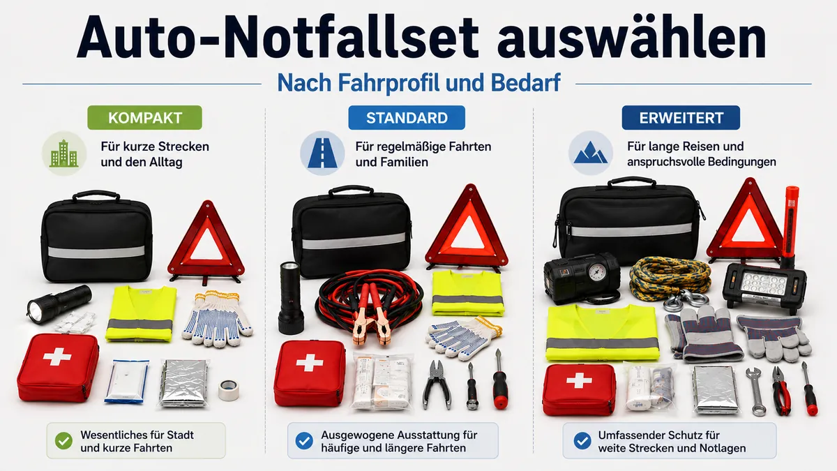 Verschiedene Auto-Notfallsets zum Vergleich von Fahrbedarf und Absicherung unterwegs