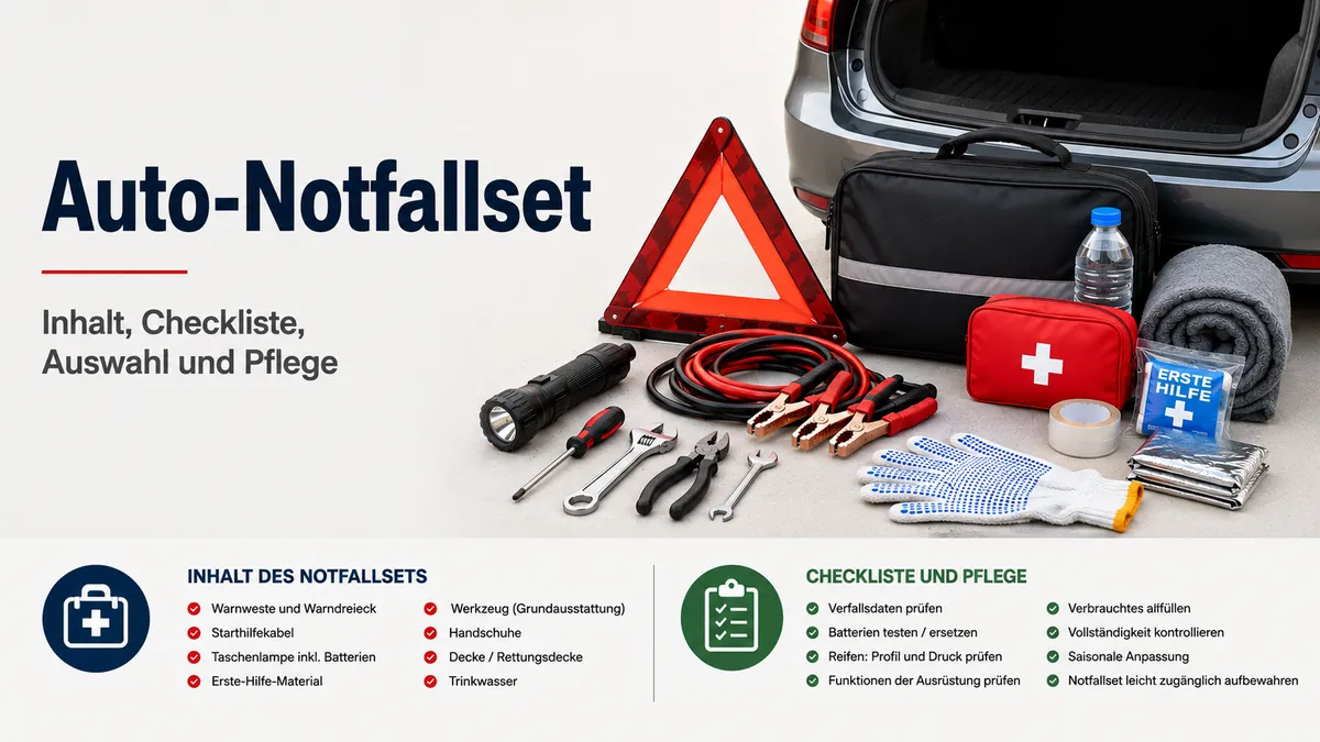 Geordnetes Auto-Notfallset mit Sicherheitsartikeln für die Straße, Werkzeugen und Erste-Hilfe-Material