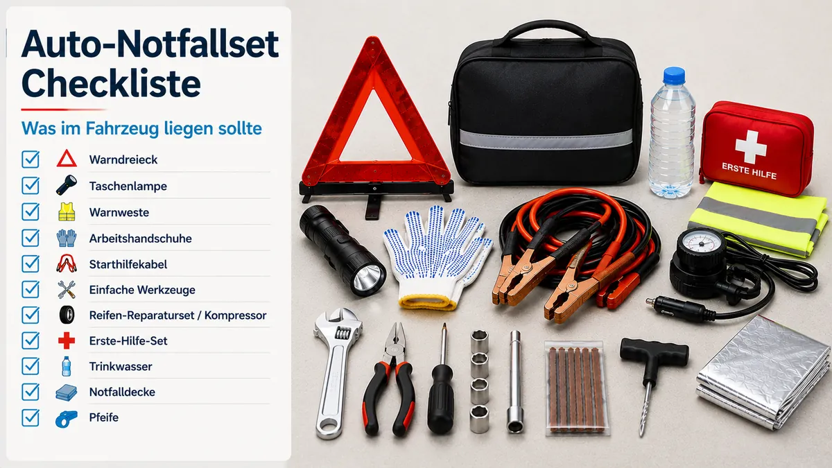 Checkliste für ein Auto-Notfallset mit nötigen Sicherheitsartikeln für das Fahrzeug und Zubehör für Pannen unterwegs