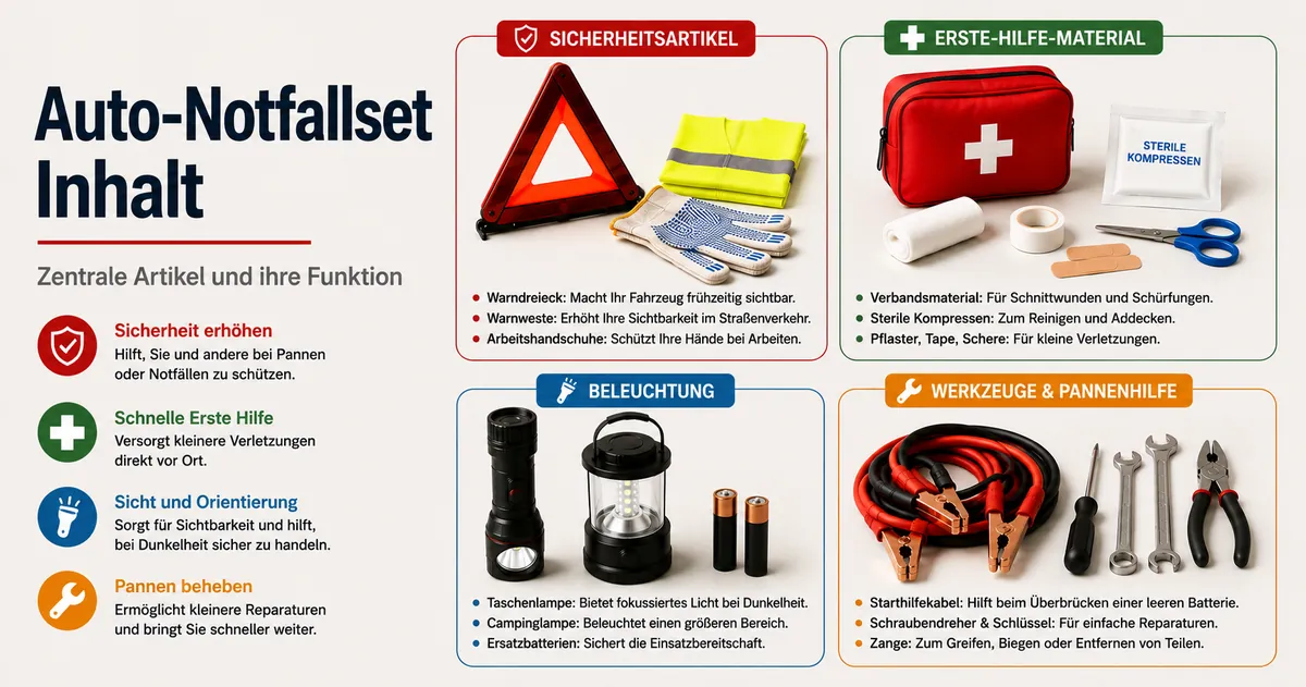 Inhalt eines Auto-Notfallsets, geordnet nach Sicherheit, Erste Hilfe, Beleuchtung und Werkzeugen für die Straße
