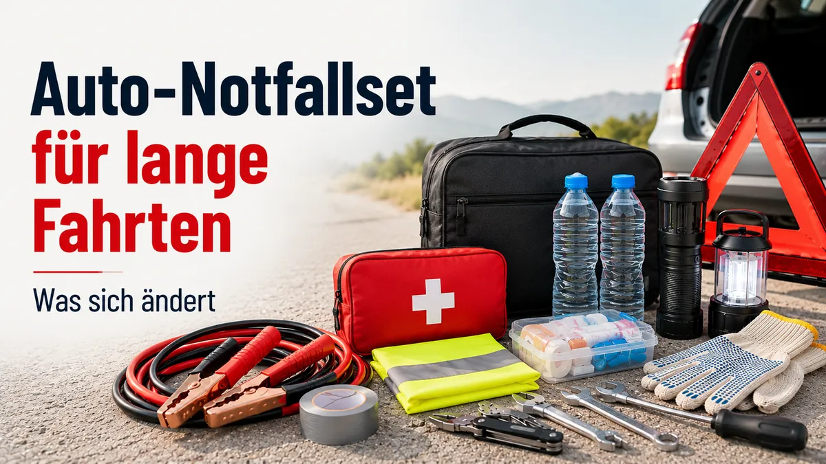 Auto-Notfallset für lange Fahrten mit Werkzeugen für unterwegs, Wasser, Beleuchtung und Sicherheitsartikeln