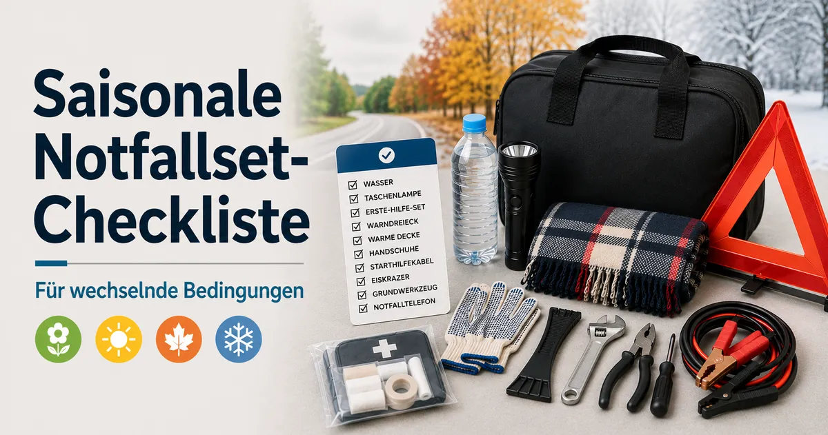 Saisonale Checkliste für ein Auto-Notfallset mit Artikeln für wechselnde Fahrbedingungen