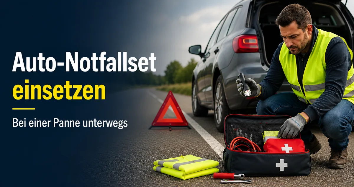 Fahrer setzt Sicherheitsartikel aus einem Auto-Notfallset bei einem Problem unterwegs ein