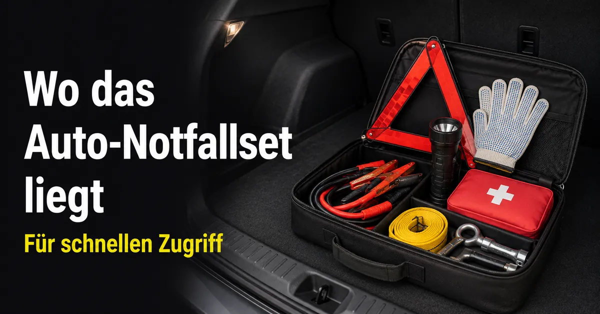Auto-Notfallset im Laderaum eines Fahrzeugs für schnellen Zugriff bei Problemen unterwegs
