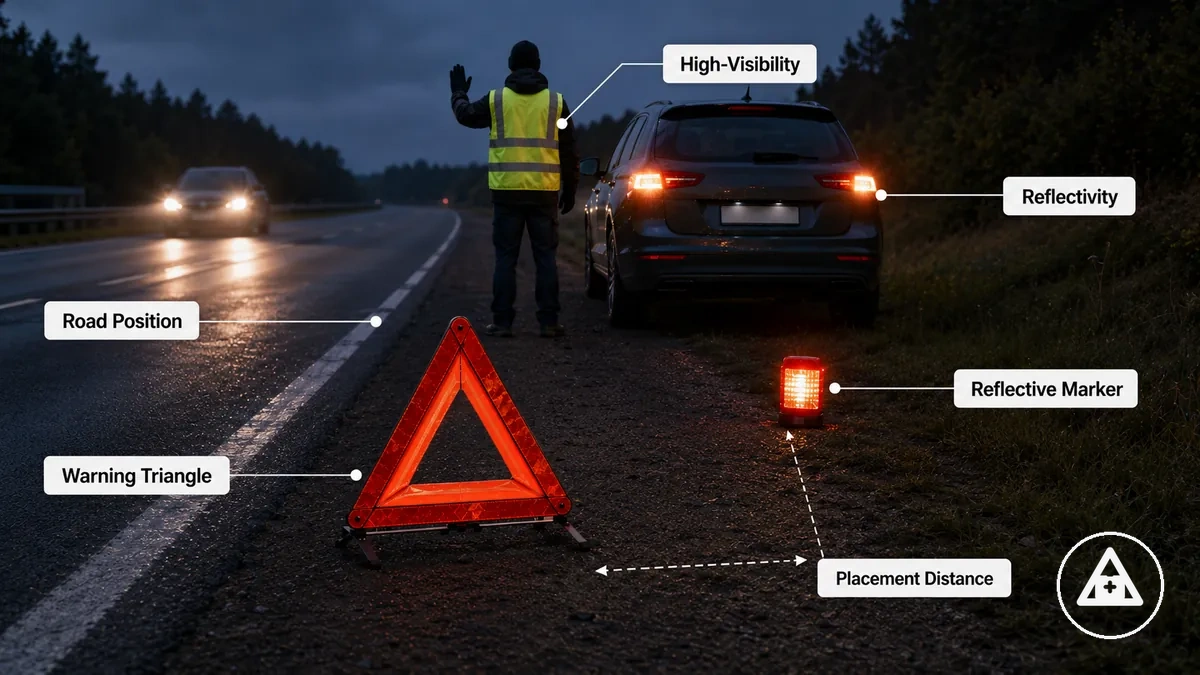 Sicherheitsartikel zur Sichtbarkeit um ein haltendes Fahrzeug mit reflektierendem Marker und Warnweste