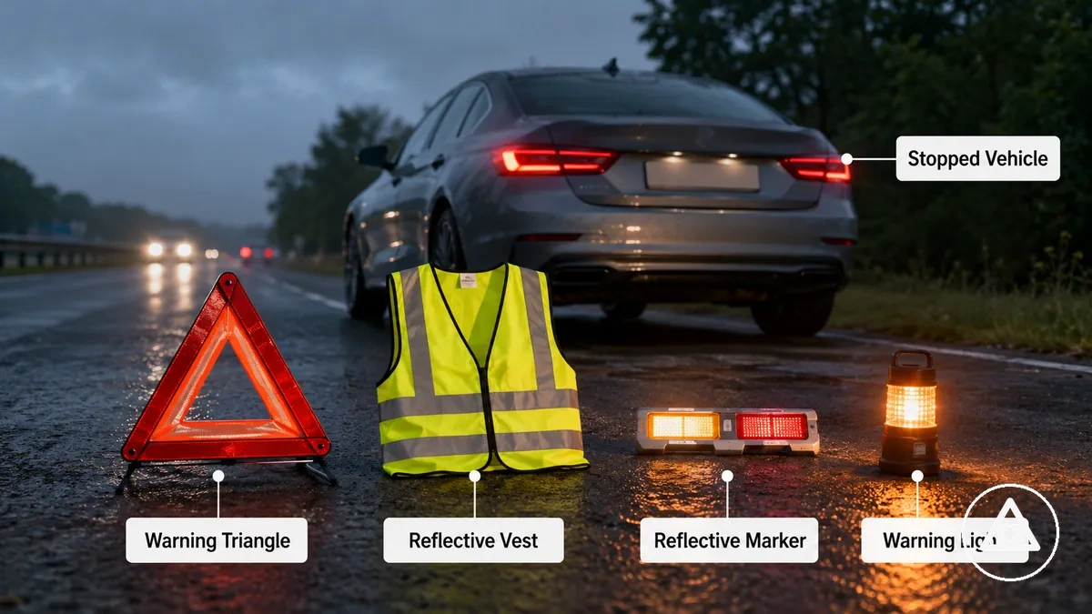 Warn- und Sichtbarkeitsartikel für ein Auto-Notfallset, darunter Warndreieck, Warnweste und Licht