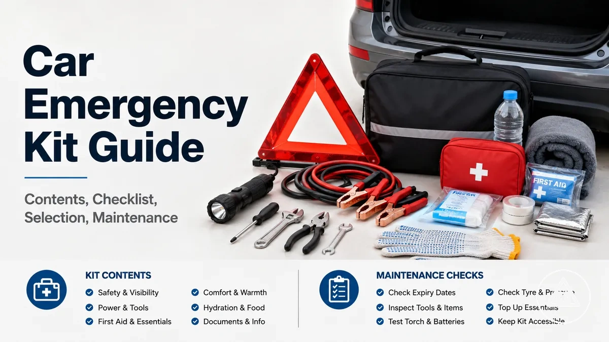 Organized car emergency kit with roadside safety items, tools, and first aid supplies