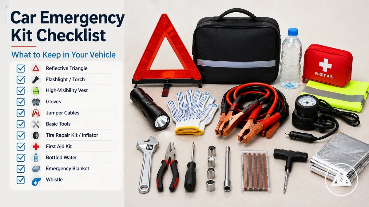Car emergency kit checklist with essential vehicle safety items and roadside supplies