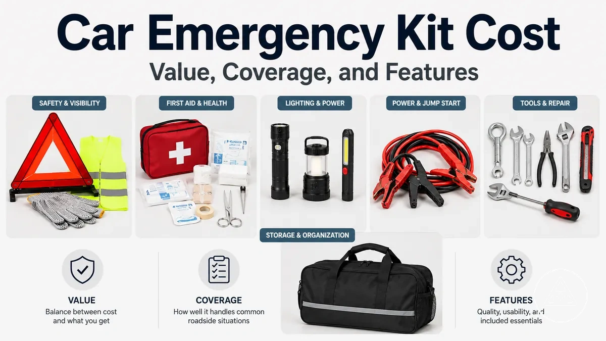 Car emergency kit items grouped to compare coverage, features, and overall value