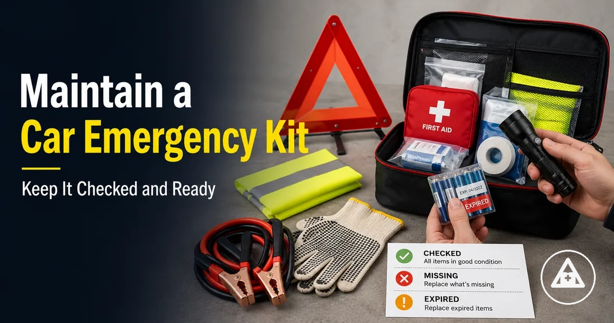 Car emergency kit being checked for missing, expired, and battery-powered items