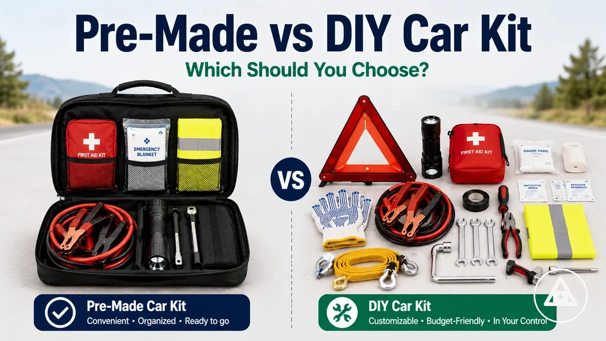 Pre-made car emergency kit beside separate DIY roadside emergency supplies