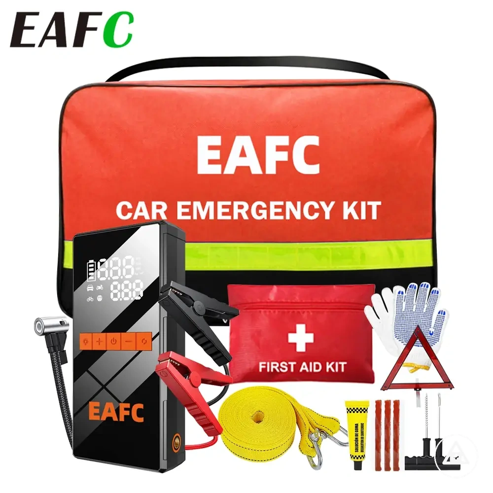 Car emergency kit with 1200A jump starter, 150PSI air pump, tire repair, SOS light, and tools