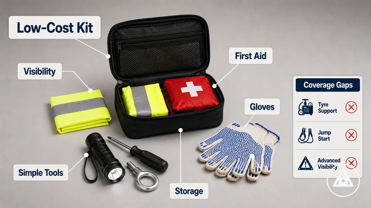 Low-cost car emergency kit with basic visibility, first aid, gloves, and simple roadside tools