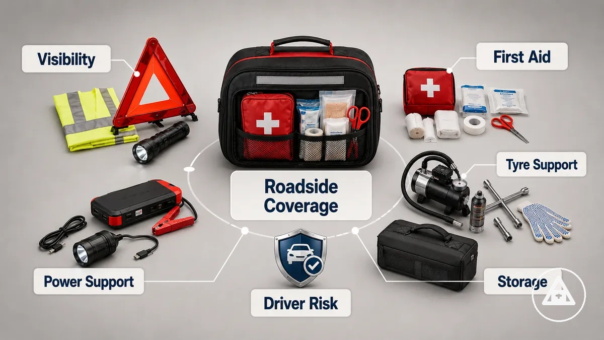 Car emergency kit coverage groups with safety, first aid, tyre, power, and storage items