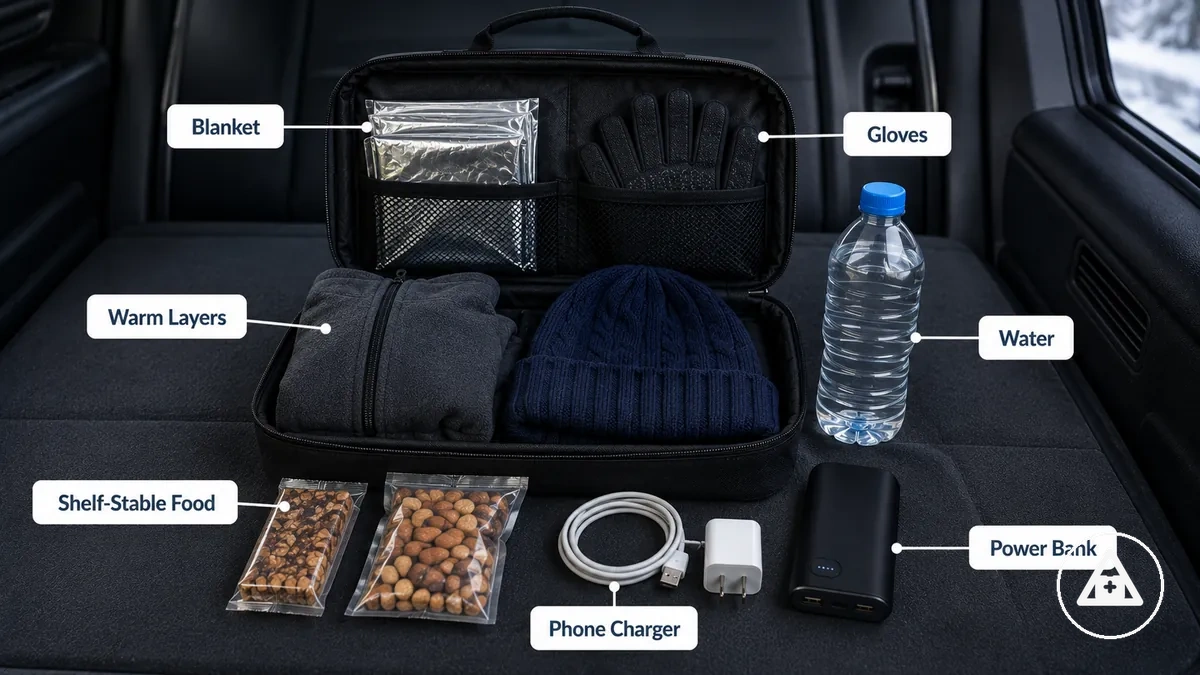 cold-weather survival supplies for car occupants including blanket gloves water snacks and phone charger