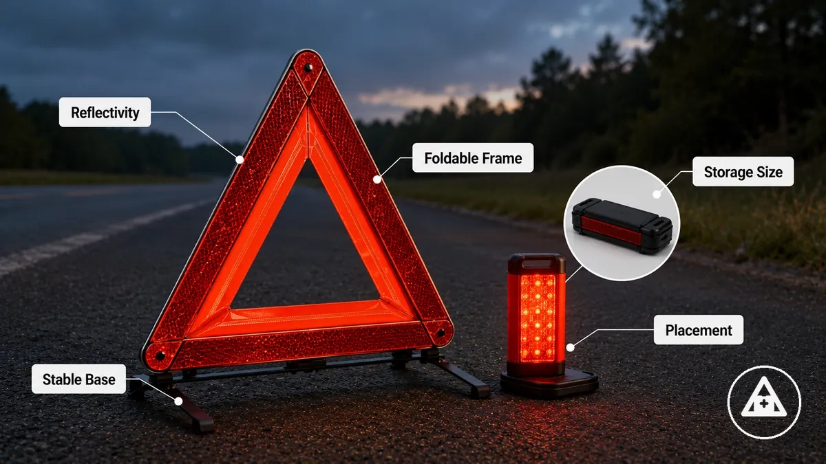 Annotated warning triangle showing reflective surface, folding frame, and stable base