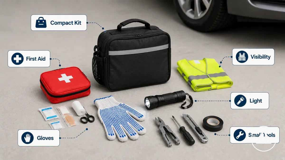Compact car emergency kit with core safety and first aid items
