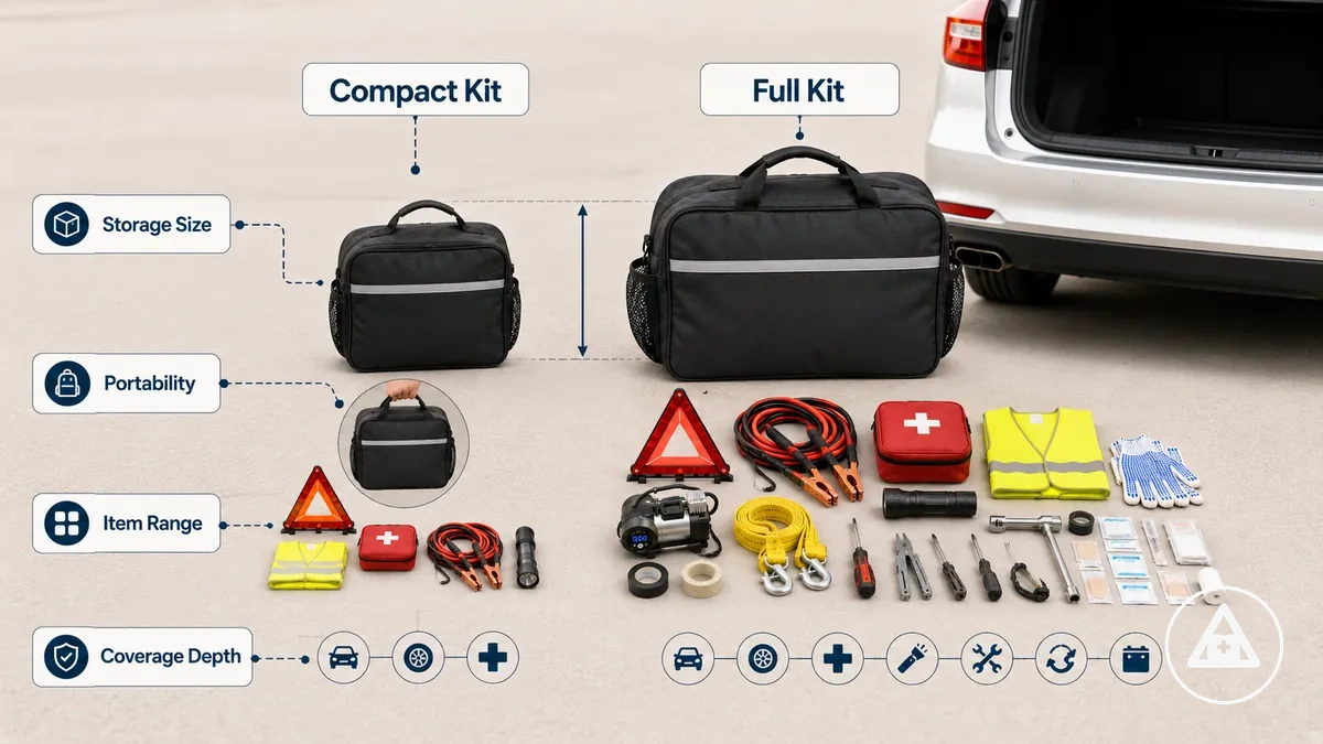Comparison graphic showing compact and full car emergency kit differences