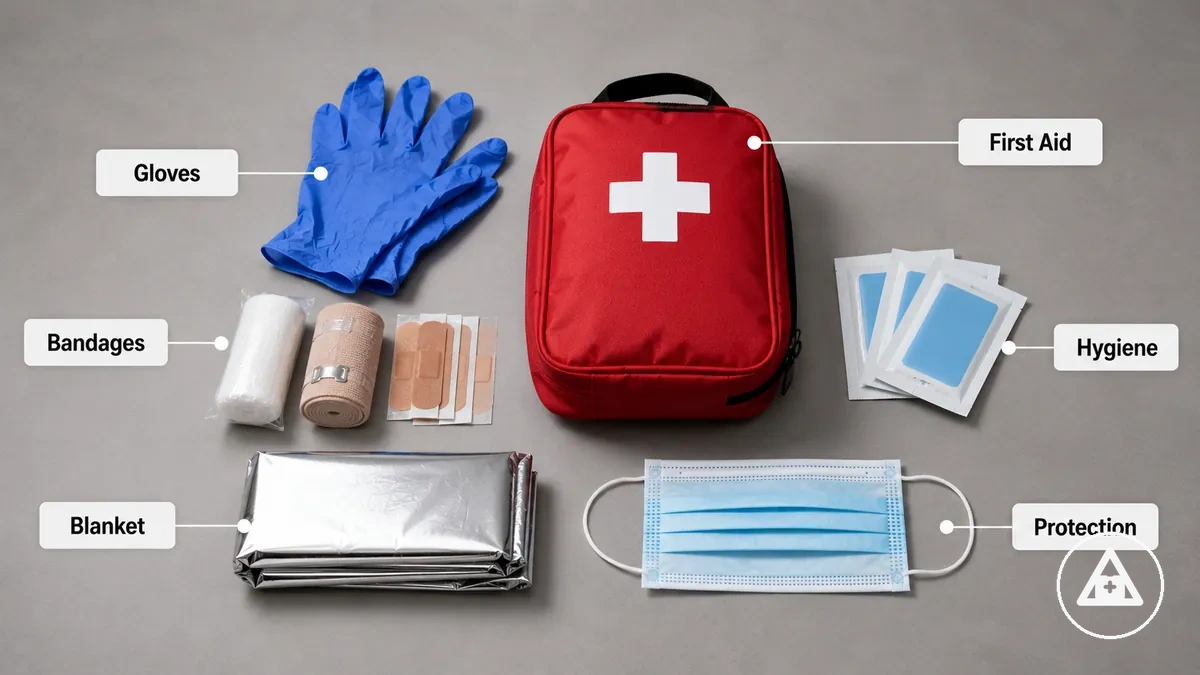 Artículos de primeros auxilios y protección personal para un kit de emergencia de coche que incluye guantes, vendas, toallitas y manta