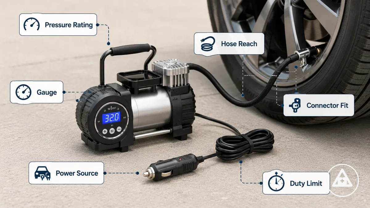 inflador de neumáticos portátil que muestra manómetro, manguera, conector de alimentación y válvula de neumático para kit de emergencia para coche