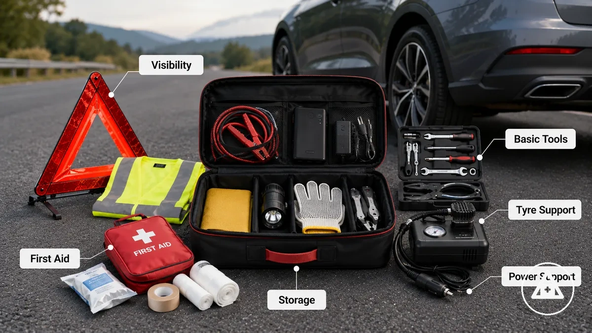 cobertura básica de kit de emergencia para coche con elementos de visibilidad, primeros auxilios, herramientas y almacenamiento etiquetados