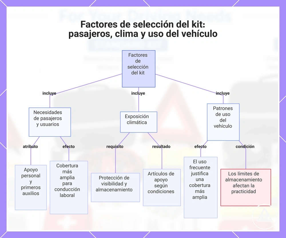Factores de selección del kit: pasajeros, clima y uso del vehículo