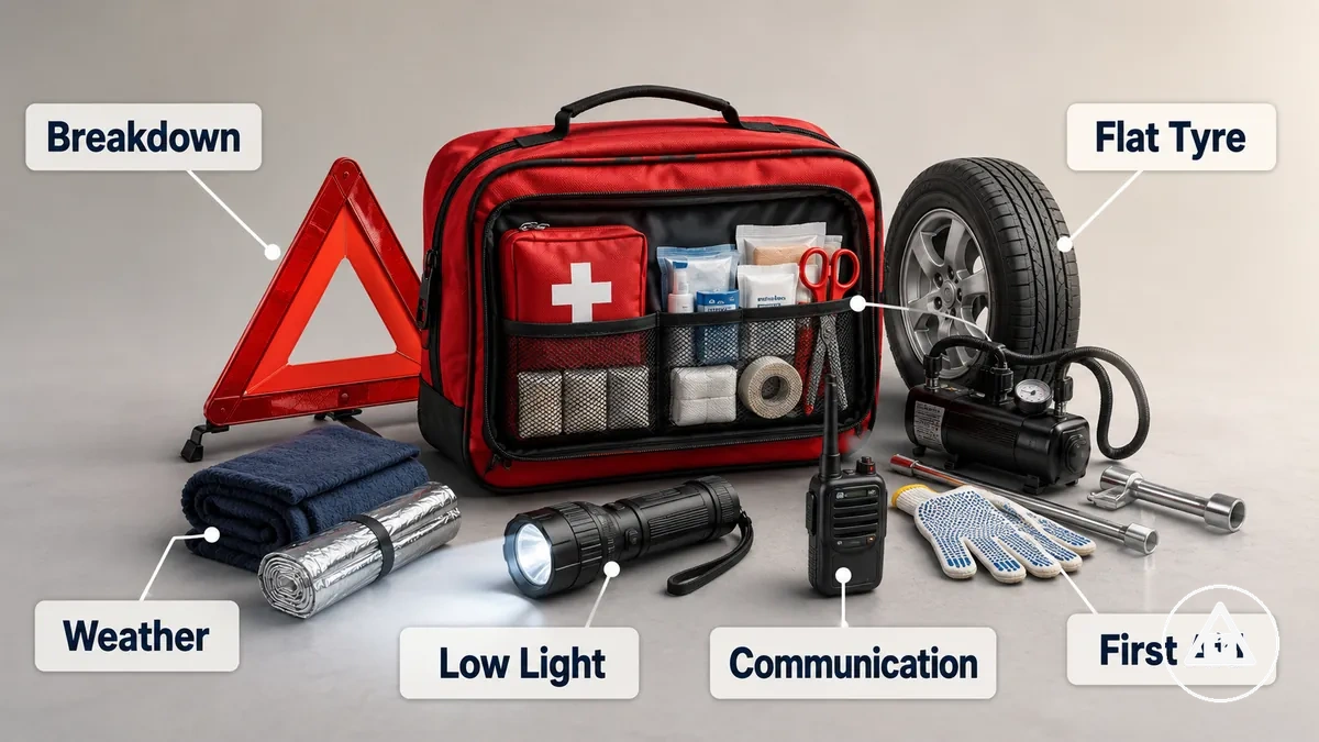 Kit básico de emergencia para coche preparado para seguridad en carretera, visibilidad, primeros auxilios y respuesta básica del vehículo