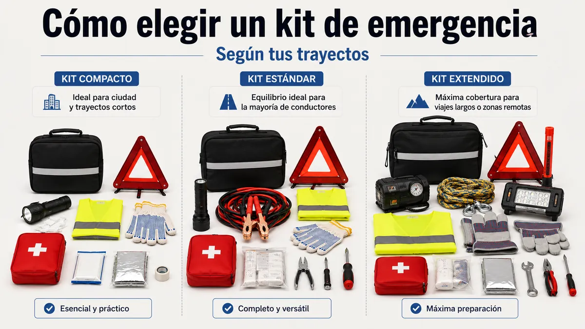 Opciones de kit de emergencia para coche mostradas para comparar necesidades de conducción y cobertura en carretera