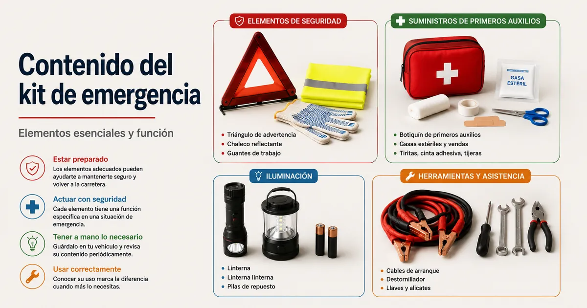 Contenido de un kit de emergencia para coche organizado por seguridad, primeros auxilios, iluminación y herramientas de carretera