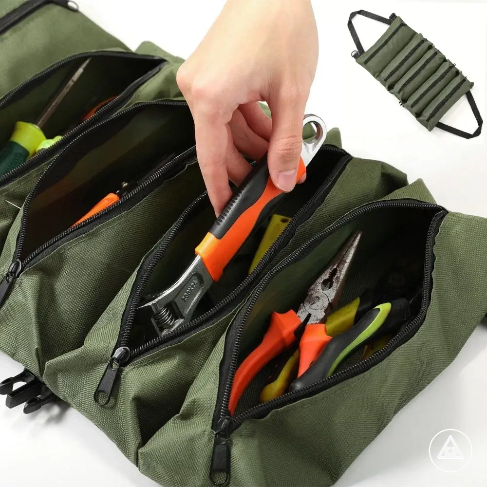 Organiseur d’outils roulable en toile avec poches zippées pour outils de voiture et trousse de premiers secours