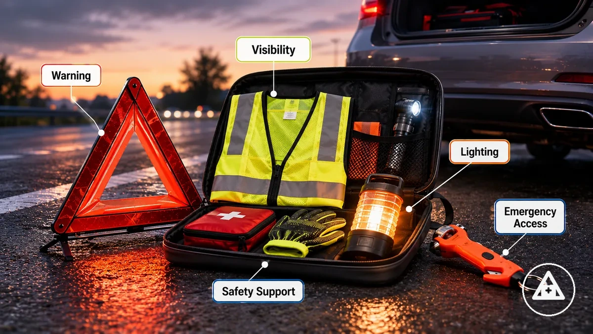 Articles de sécurité routière annotés dans un kit d'urgence voiture, incluant gilet, triangle de signalisation et lampe