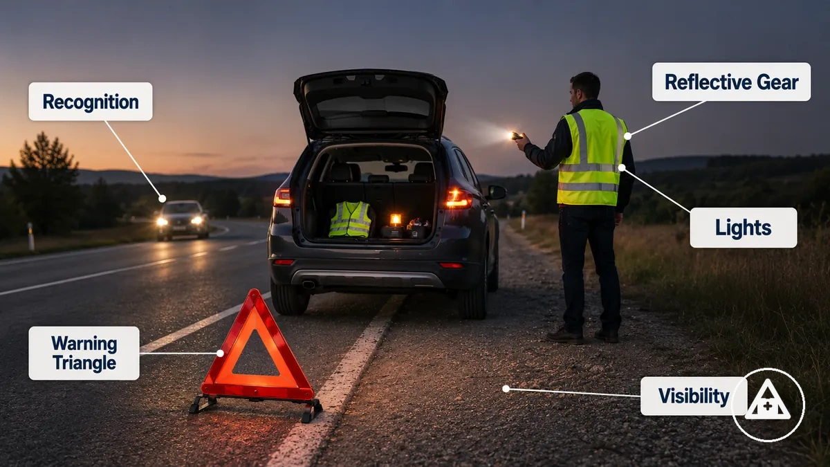 Équipement de visibilité et de signalisation routière avec triangle de signalisation, gilet réfléchissant et lampe d'urgence