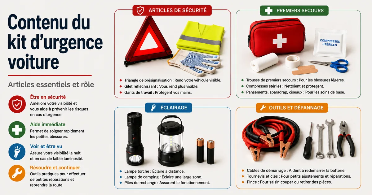 Contenu d’un kit d’urgence voiture classé par sécurité, premiers secours, éclairage et outils pour la route