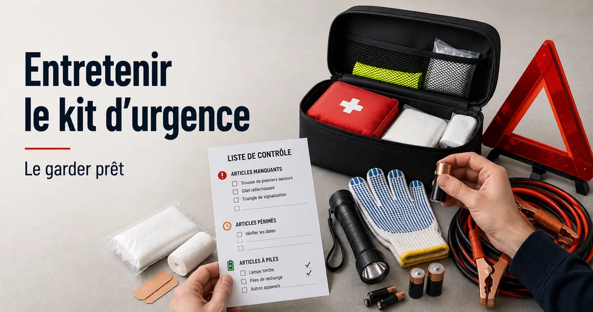 Kit d’urgence voiture contrôlé pour repérer les articles manquants, périmés et alimentés par piles