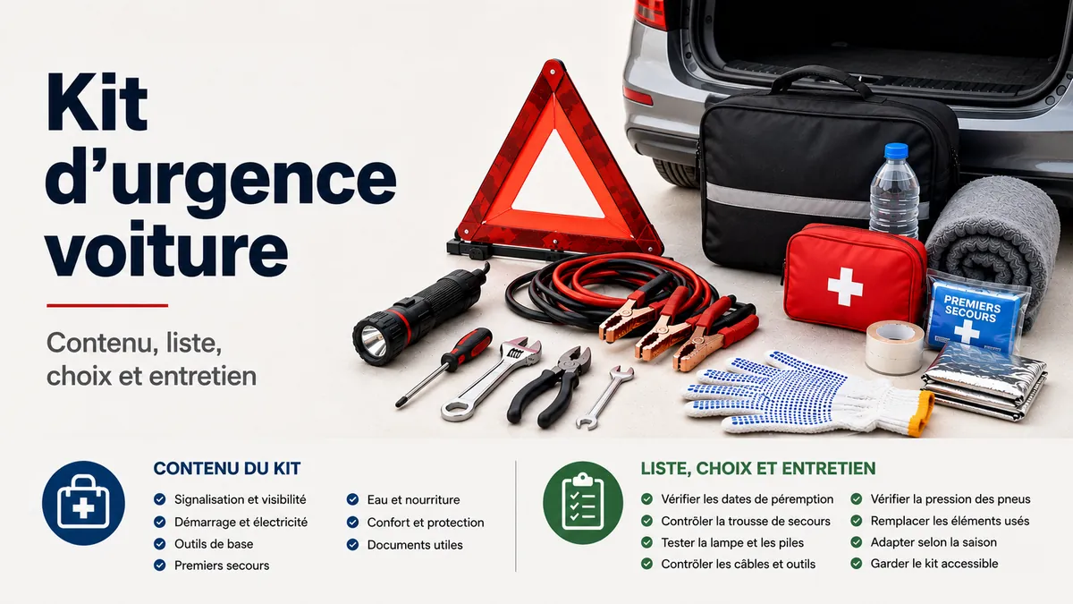Kit d’urgence voiture organisé avec articles de sécurité routière, outils et matériel de premiers secours
