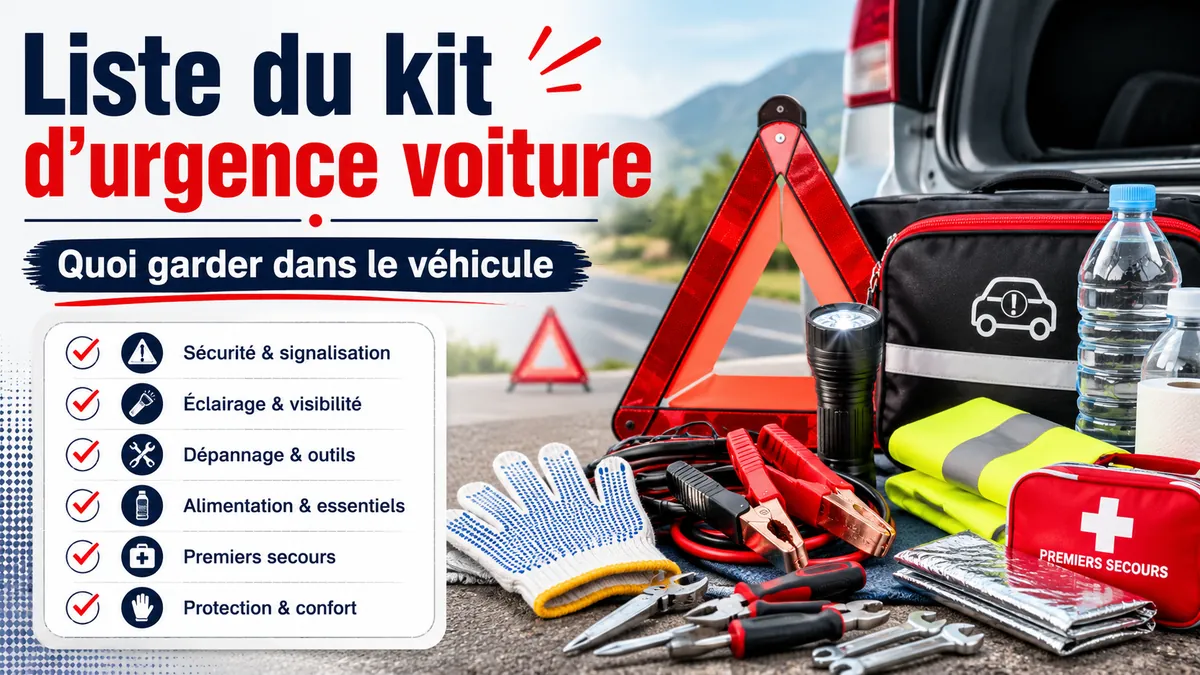 Liste d’un kit d’urgence voiture avec articles de sécurité du véhicule et fournitures pour les pannes sur la route