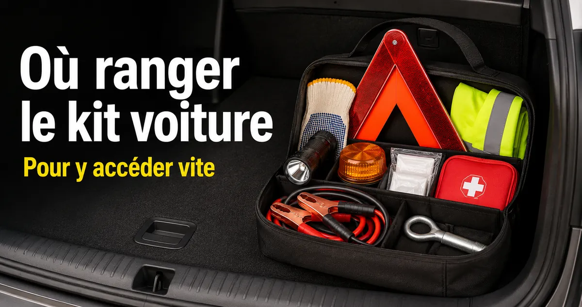 Kit d’urgence voiture rangé dans le coffre d’un véhicule pour un accès rapide sur la route
