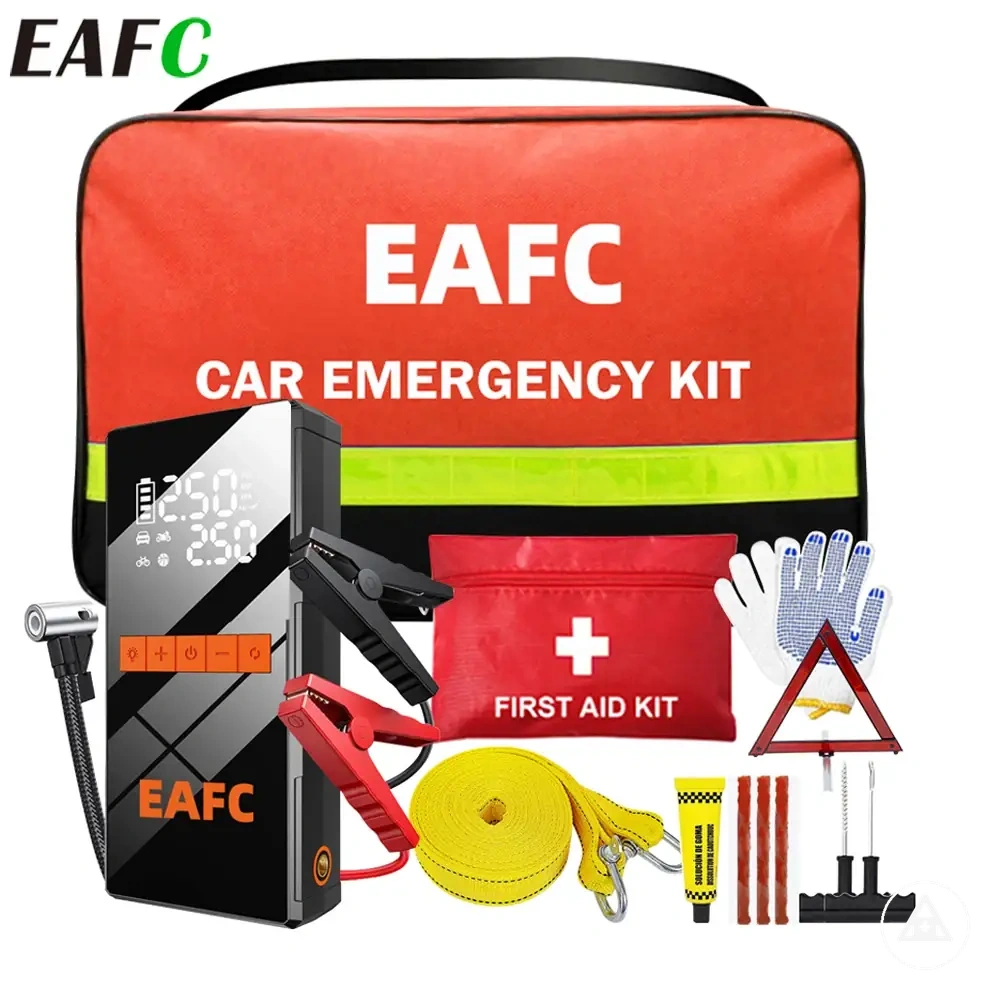 Kit de assistência na estrada com partida auxiliar, bomba de ar, reparo de pneus, primeiros socorros e corda de reboque