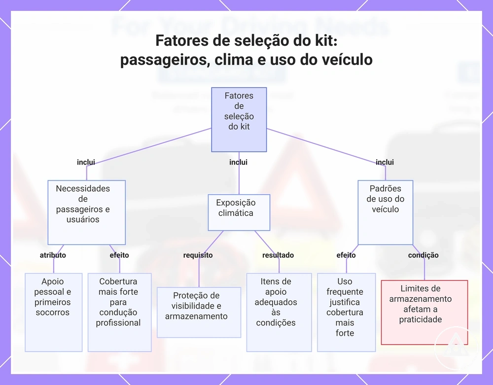 Fatores de seleção do kit: passageiros, clima e uso do veículo