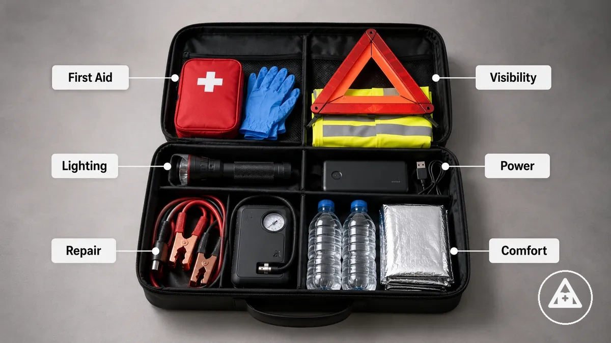 Itens essenciais do kit de emergência para carro agrupados por suprimentos de primeiros socorros, visibilidade, iluminação, reparo e conforto
