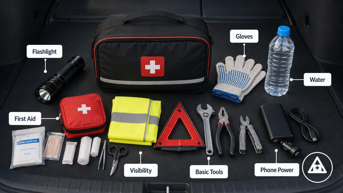 Itens do kit de emergência para carro mantidos no veículo ao longo do ano
