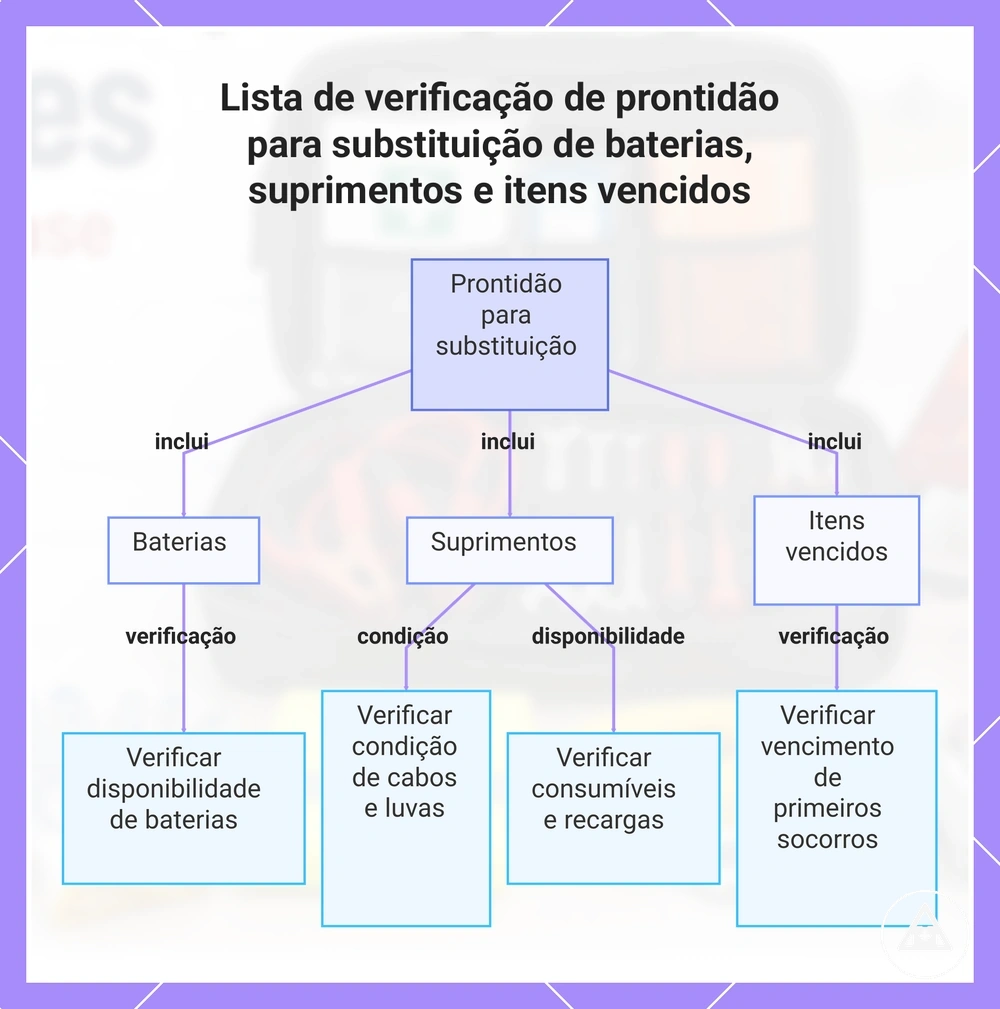 Lista de verificação de prontidão para substituição de baterias, suprimentos e itens vencidos