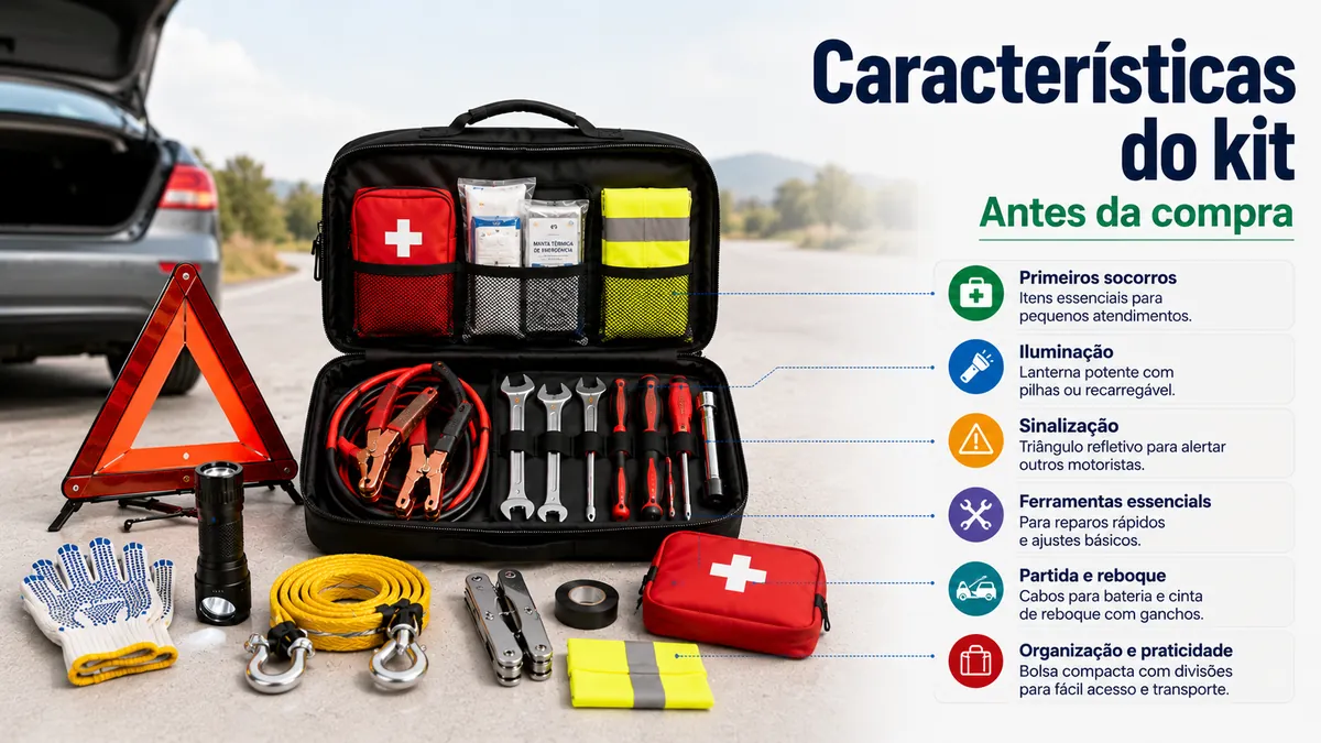 Características de um kit de emergência para carro com ferramentas de estrada, bolsa de armazenamento e acessórios de segurança