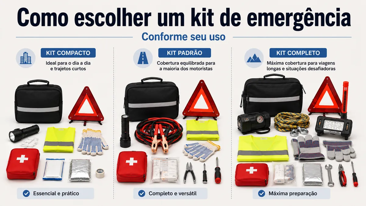 Opções de kit de emergência para carro mostradas para comparar necessidades de direção e cobertura na estrada