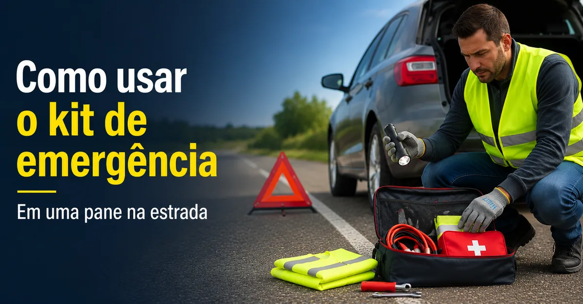 Motorista usando itens de segurança de um kit de emergência para carro durante um problema na estrada
