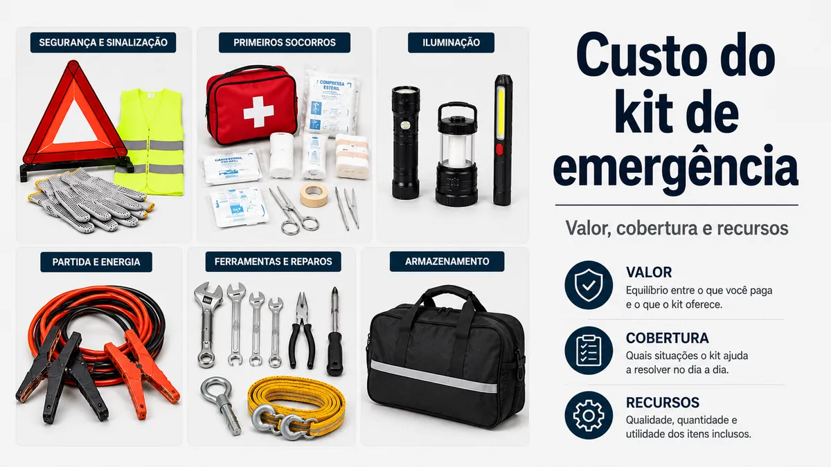 Itens de um kit de emergência para carro agrupados para comparar cobertura, recursos e valor
