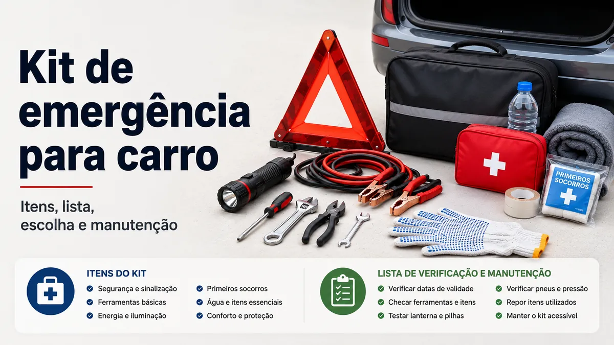 Kit de emergência para carro organizado com itens de segurança na estrada, ferramentas e primeiros socorros